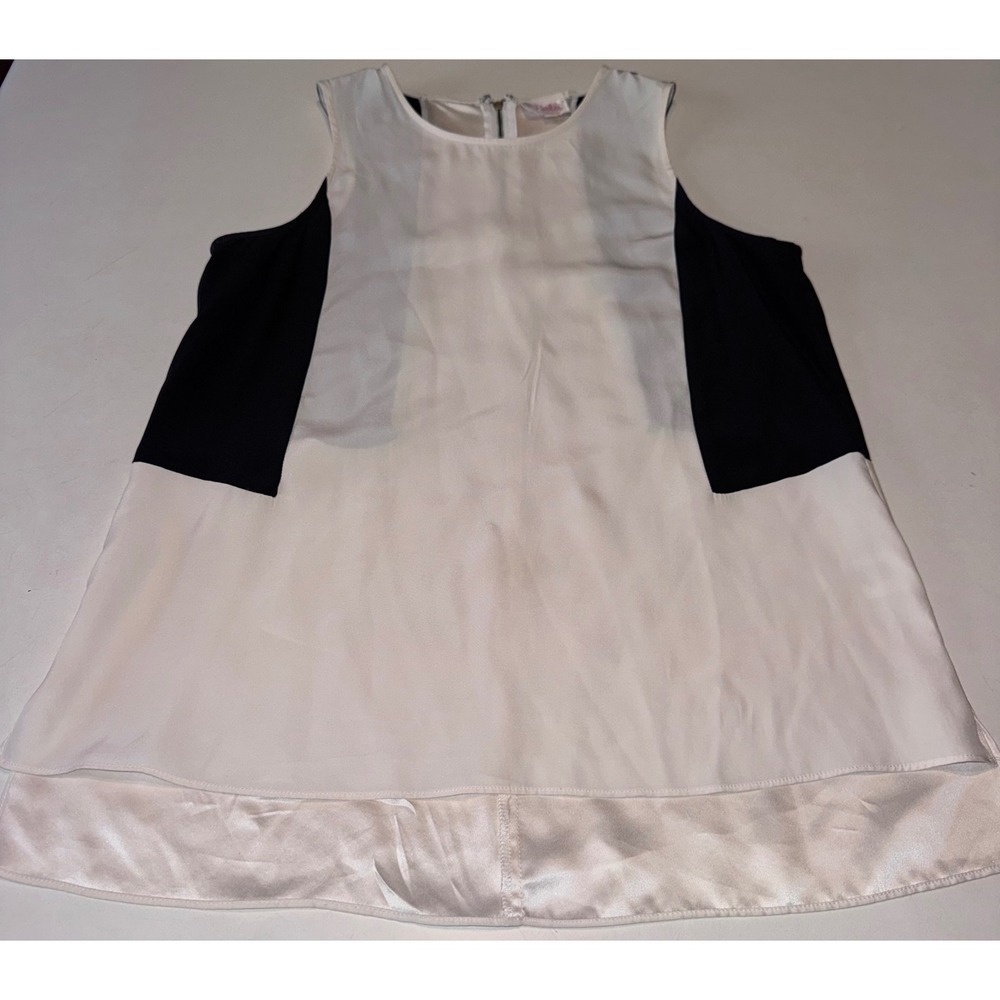 Parker 100% Silk Colorblock Sleeveless Blouse Cream Black Zip Back XS
